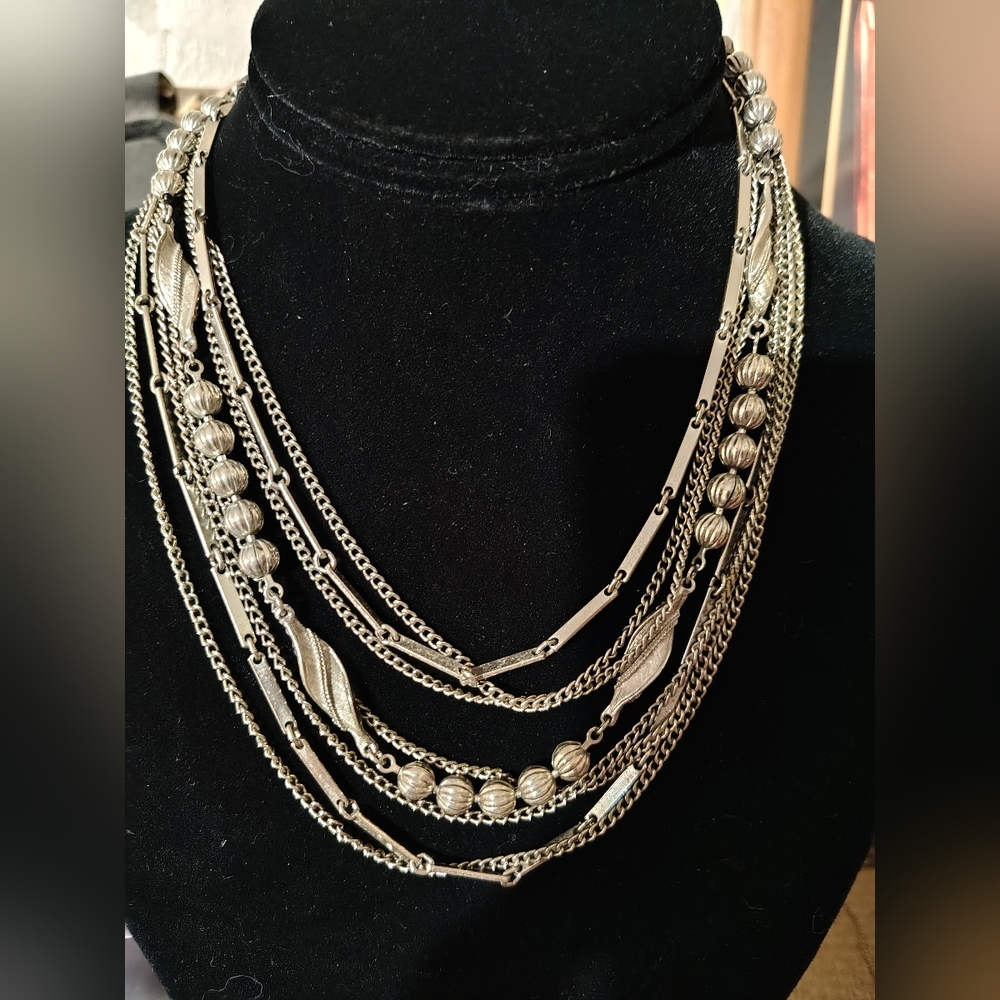 Vintage SilverTone Layered Necklace/ 8 Strands/ Hook Extension Clasp/ Pics